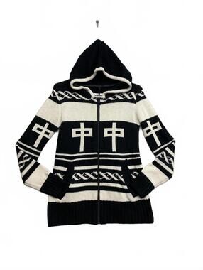 Vintage Y2K Red Dragon Black and White Women's Knitted Zip-Up Hoodie Size Medium